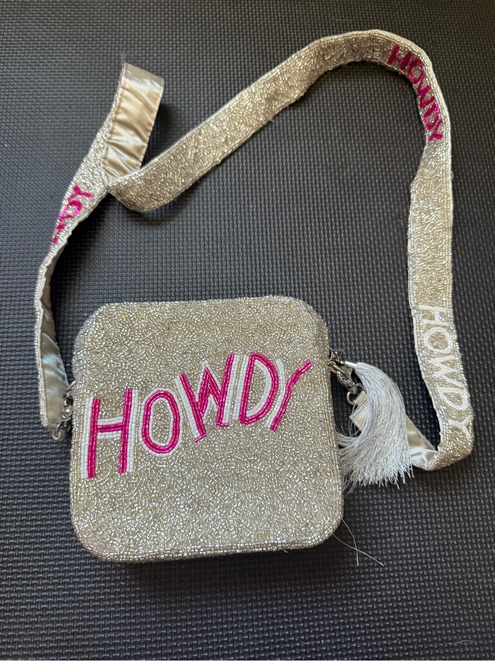 Altar'd State Silver Beaded Crossbody with Pink HOWDY Embroidery